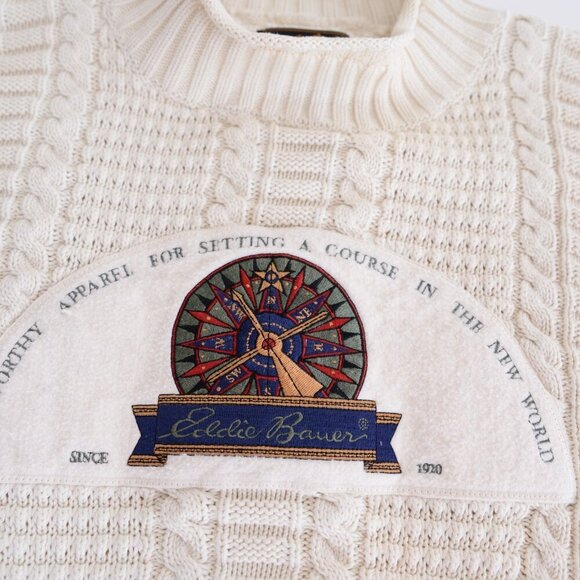 Vintage 90S Eddie Bauer Cream Cable Knit Nautical Mock Neck Sweater Medium - Picture 5 of 10